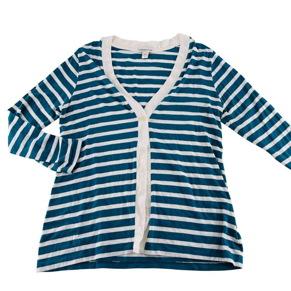 Coldwater Creek Womens Striped Cardigan Sweater Size S 8 Blue & White Cotton Ble